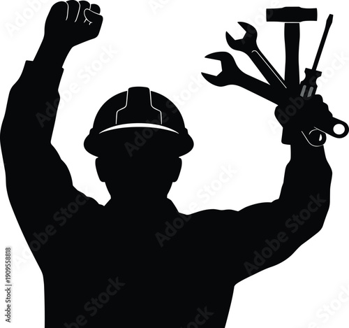 “Silhouette of construction worker with raised fist and tools symbolizing labor empowerment, solidarity, skilled trades, industry, and global recognition”