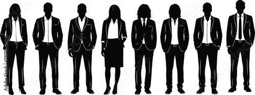 Set of diverse business professional silhouettes wearing formal suits and blazers standing in a row isolated on white background for corporate design.