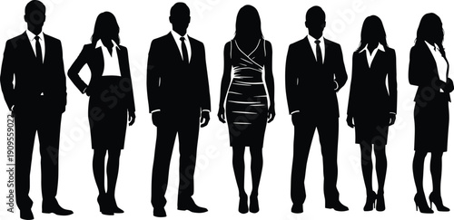 Set of diverse business professional silhouettes wearing formal suits and elegant dresses standing together isolated on white background for corporate design.