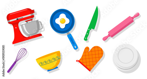 Collection of colorful kitchen utensils and cooking equipment arranged on a white background