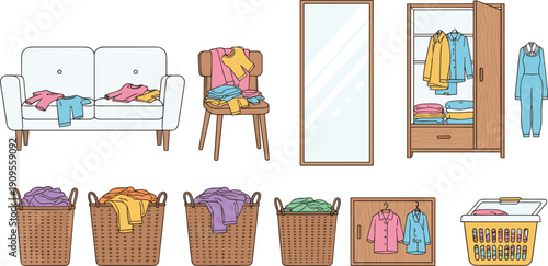 Home Laundry and Clothing Organization Vector Set with Baskets, Wardrobe Storage, Dressing Mirror, and Folded Clothes for Housekeeping and Interior Design Graphics