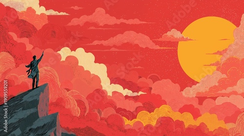 At dusk, a solitary figure on a rocky outcrop reaches out toward the expansive sky, which bursts with hues of orange, pink, and gold