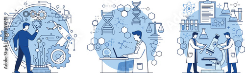 Scientific research illustration showing laboratory scientists, biotechnology, robotics, genetics, chemistry, innovation, data analysis, modern flat vector science concept design background