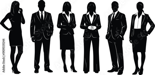 Set of diverse business professional silhouettes, group of men and women in formal office suits and corporate attire isolated vector illustrations.