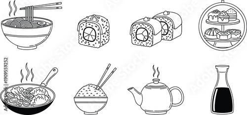 Asian cuisine food set vector illustration sushi ramen rice tea desserts soy sauce black and white hand drawn restaurant menu design