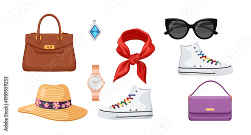 Fashionable Accessories Collection: Bags, Shoes, Hat, Watch, Scarf, Sunglasses, and Pendant