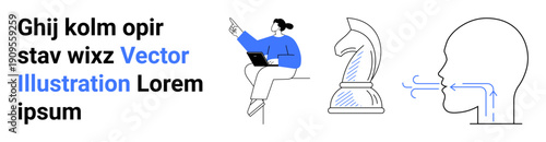 Strategic planning, digital communication, innovation, education, decision-making, remote work. Person pointing while holding a laptop, chess knight human head with airflow arrows. Strategic