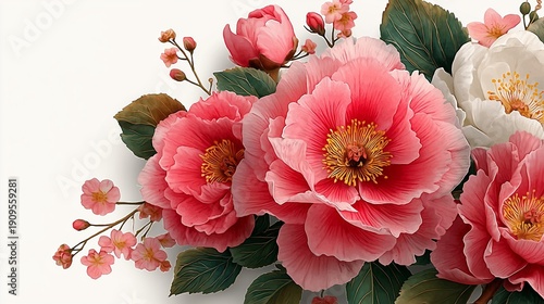 This breathtaking display features blooming peonies in shades of pink, surrounded by delicate cherry blossoms and lush green leaves, embodying the beauty of springtime