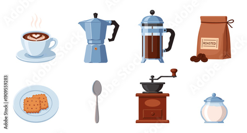 Collection of coffee making equipment and accessories, illustrated in a flat design style