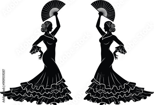 Flamenco dancer silhouettes with fan, Spanish dance illustration, traditional culture vector isolated black elegant performance clipart set