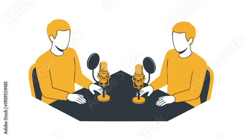 Two people podcasting. Interview, conversation, recording session, studio setup. Flat design illustration.