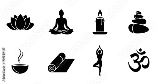 Collection of black yoga and meditation icons including lotus, Om symbol, and candle
