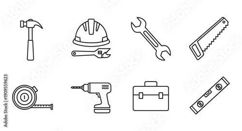 Collection of construction and DIY tools in a clean, modern line art style