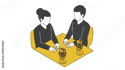 Podcast Interview. Two People. Recording Studio. Minimalist Illustration. Communication Concept.
