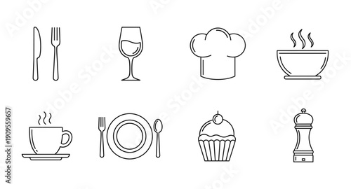 Collection of simple line art icons representing food, drink, and culinary elements