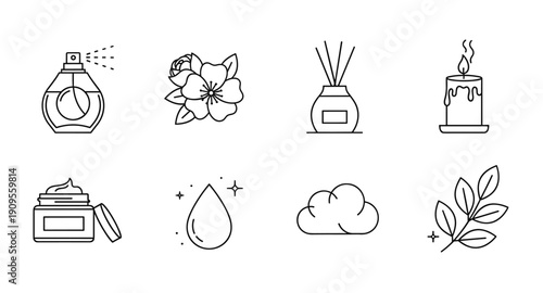 Aesthetic line art icons representing beauty, wellness, and home fragrance products