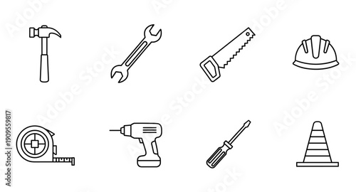 Collection of construction and repair tools and safety equipment icons