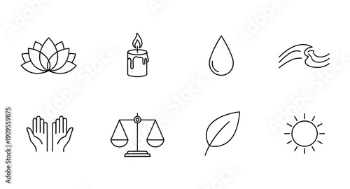 Set of eight simple line icons representing balance, nature, and well-being