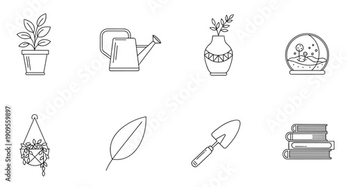 Collection of simple line art icons for gardening and home decor elements