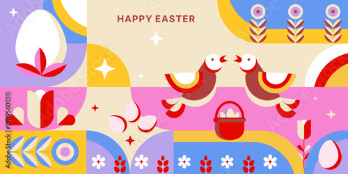 Abstract Easter banner template background in a modern geometric style with birds, eggs, flowers elements, for holiday promotions, web banners, digital ads, social media covers, and print. Vector