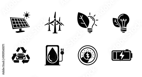 Collection of clean energy and sustainability icons including solar, wind, and electric car symbols