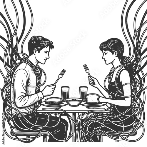 man and woman sharing a meal, wrapped in wires, symbolizing technology intrusion into relationships sketch engraving generative ai vector illustration. Scratch board imitation. Black and white image.