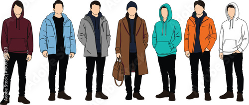 Set of diverse men illustrations in winter jackets and hoodies, group of young male characters wearing casual warm autumn or winter clothing.