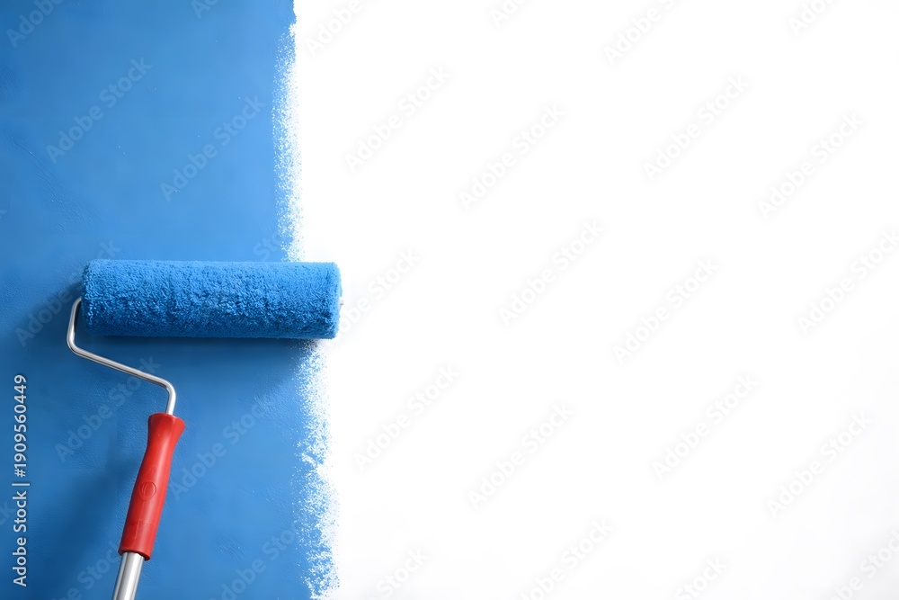 Obraz premium A person rolls blue paint onto a wall with a paint roller. The wall shows a clear line between the unpainted and painted sections. The setting is bright and focused on the painting task