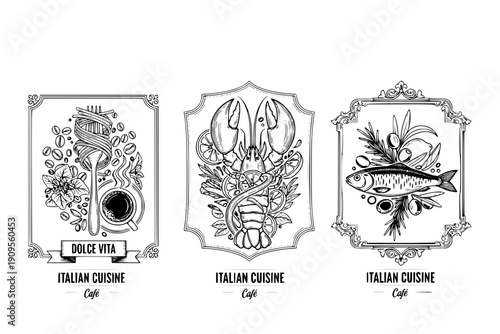 Food posters. Abstract kitchen card. Dolce Vita culinary composition with pasta, lobster, sardine, coffee in decorative frame. Italian cuisine banner for cafe. Vector set 