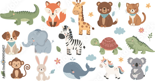 Cute baby animals cartoon set with elephant, zebra, giraffe, fox, whale, unicorn and koala