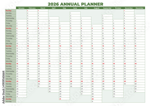 2026 Annual Planner Calendar in English - Green Grid Layout