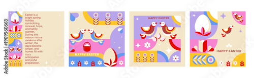 Happy Easter templates set with abstract geometric birds, eggs, flowers, and spring elements for social media, banners, greeting cards, packaging, covers, and festive promotions. Vector illustration