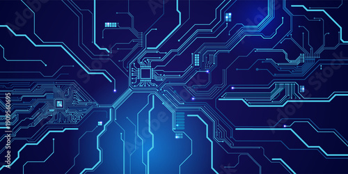 Abstract AI circuit board background. Technology connected blue lines with electronics elements on tech bg. Computer motherboard with a chip, processor, and semiconductor. Digital vector illustration