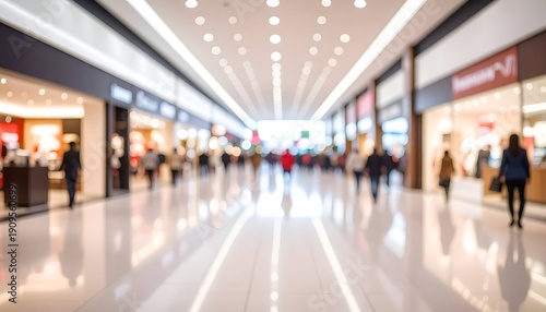 A blurred view of a modern shopping mall showcasing various stores and crowds of people