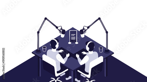 Podcast Recording. Two people talking. Studio setup. Minimalist illustration.