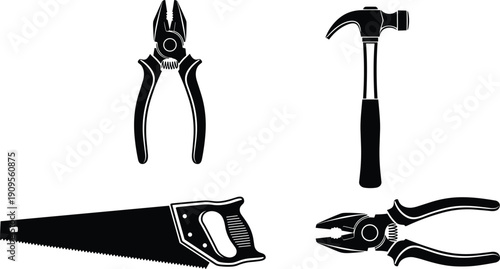 Hand tools silhouettes set, hammer pliers saw collection, construction repair equipment icons isolated black vector illustration bundle