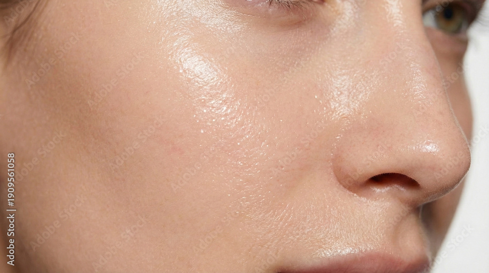 Fototapeta premium Macro shot of clean healthy female skin with natural glow and moisture texture for skincare beauty concept