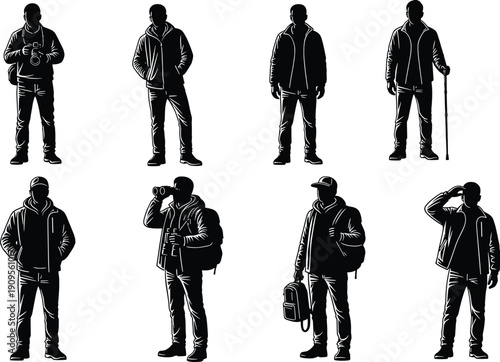 Set of male traveler silhouettes in winter clothing, men with backpacks, cameras, and binoculars exploring outdoors isolated vector illustrations.