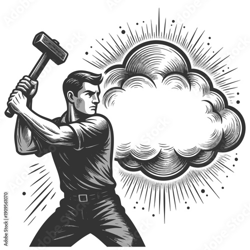 strong man swinging a sledgehammer at a symbolic cloud, representing disruption or breakthrough sketch engraving generative ai fictional character vector illustration. Scratch board. Black and white.