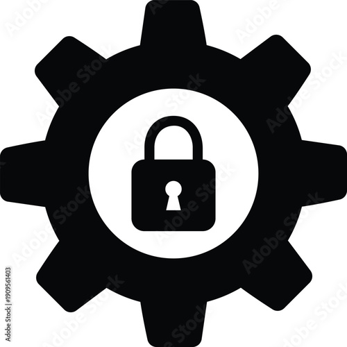 Illustration of black gear icon with padlock on for security concepts