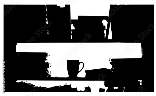 Messy lived in bookshelf with coffee mug silhouette, ambient realism and authentic home life concept, imperfect organization and study room vector