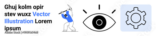 Worker wielding pickaxe, bold eye icon signifying vision, mechanical gear for functionality. Ideal for industry, teamwork, vision, mechanics, engineering, labor simple landing page