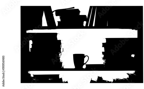 Messy lived in bookshelf with coffee mug silhouette, ambient realism and authentic home life concept, imperfect organization and study room vector