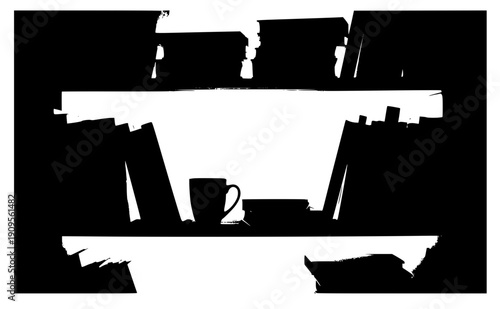 Messy lived in bookshelf with coffee mug silhouette, ambient realism and authentic home life concept, imperfect organization and study room vector