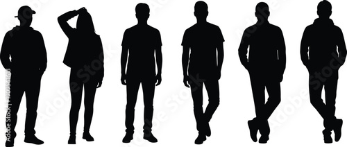 Set of people silhouettes standing in various casual poses, group of men and women in everyday clothing isolated vector illustration.