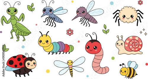 Cute kawaii insects cartoon set with ladybug, bee, snail, spider, caterpillar and dragonfly