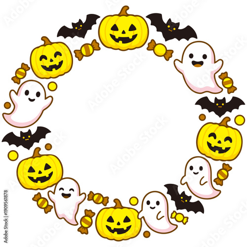 カボチャやおばけ、コウモリたちが「ふんわり」と輪になった、ハロウィン用の円形フレームです。ポップで「なめらか」な質感が、イベントの「喜び」や「幸福」を演出します。中央の余白は告知やメッセージに最適です。
