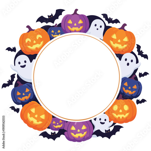 カボチャやおばけ、コウモリたちが「ふんわり」と輪になった、ハロウィン用の円形フレームです。ポップで「なめらか」な質感が、イベントの「喜び」や「幸福」を演出します。中央の余白は告知やメッセージに最適です。