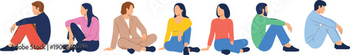 Set of people sitting on floor in diverse casual outfits, group of men and women in colorful fashion isolated vector.