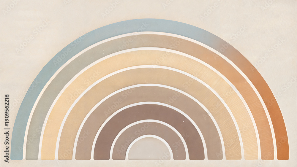 Fototapeta premium Warm beige rainbow semicircles on ivory, soothing mood in bright soft lighting, centered layered composition using copy space for marketing backgrounds, posters, and minimal brand packaging